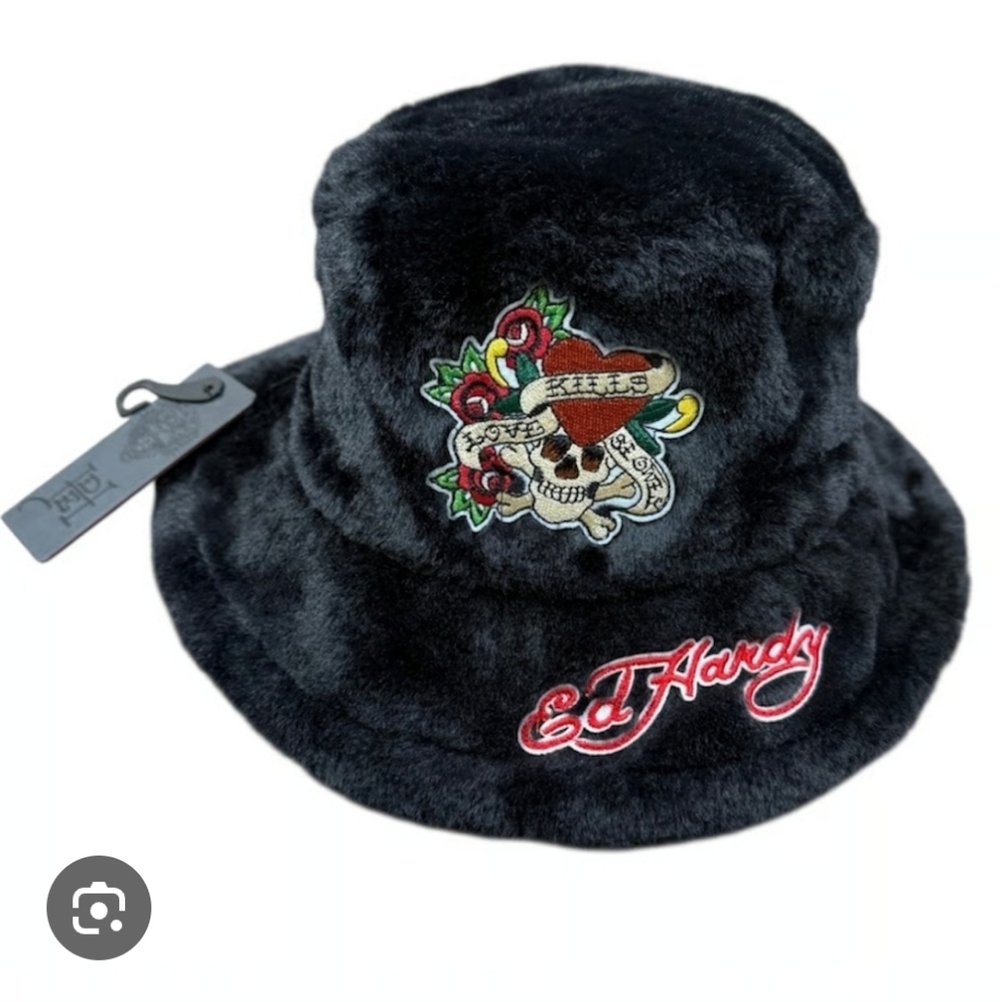 NWT.. Ed Hardy Black Faux Fur  Bucket Hat Skull Rose Tattoo